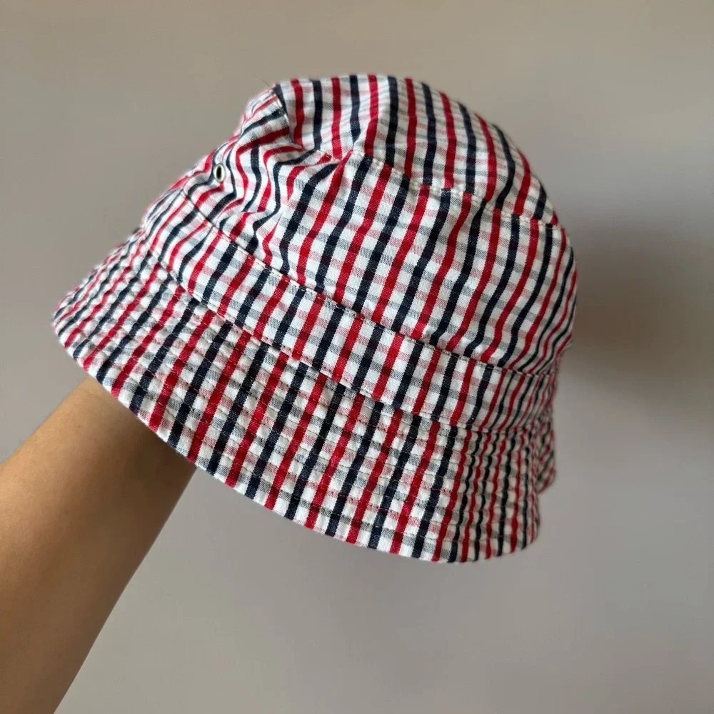 Hanna Andersson Vintage Gingham Plaid‎ Navy Red Reversible Bucket Hat Medium